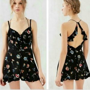 NWT Urban Outfitters Kimichi Blue Black Motif Floral Ruffle romper women’s S/2